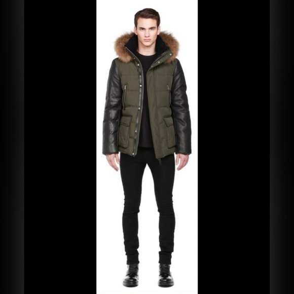 Mackage Gavin Army Green Down Coat with Leather Sleeves and Fur Hood - Picture 2 of 13